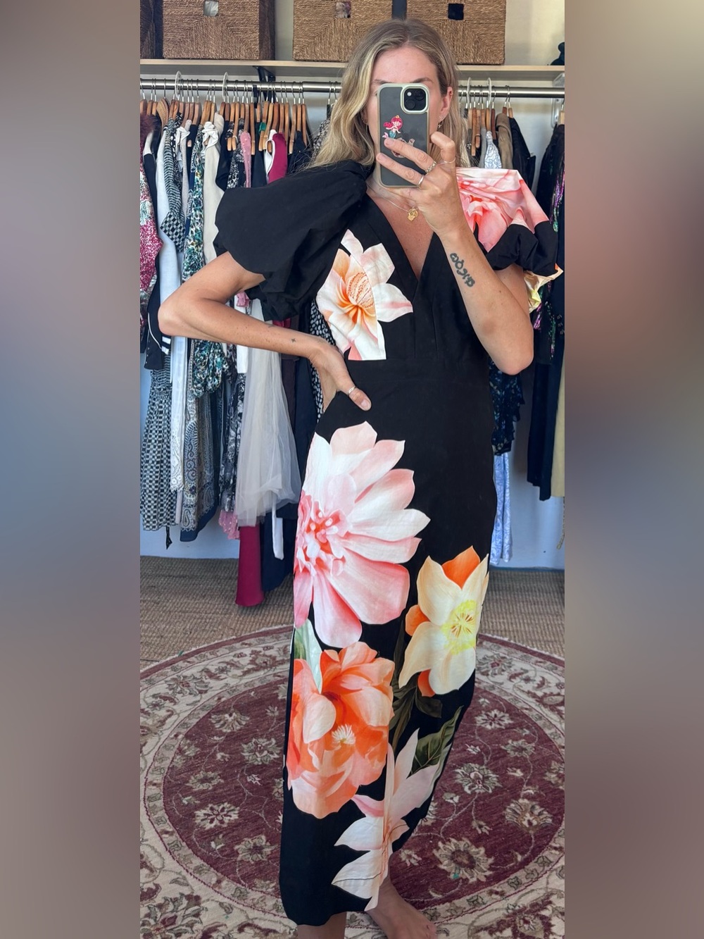 NWT Anthropologie BHLDN V Neck Puff Sleeve Floral Midi Dress with Sublte Stretch - Picture 3 of 13